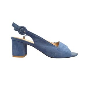 Blue Faux Suede Slingback Block Heel Sandal Retro Chic Chunky Pump Sz 8.5